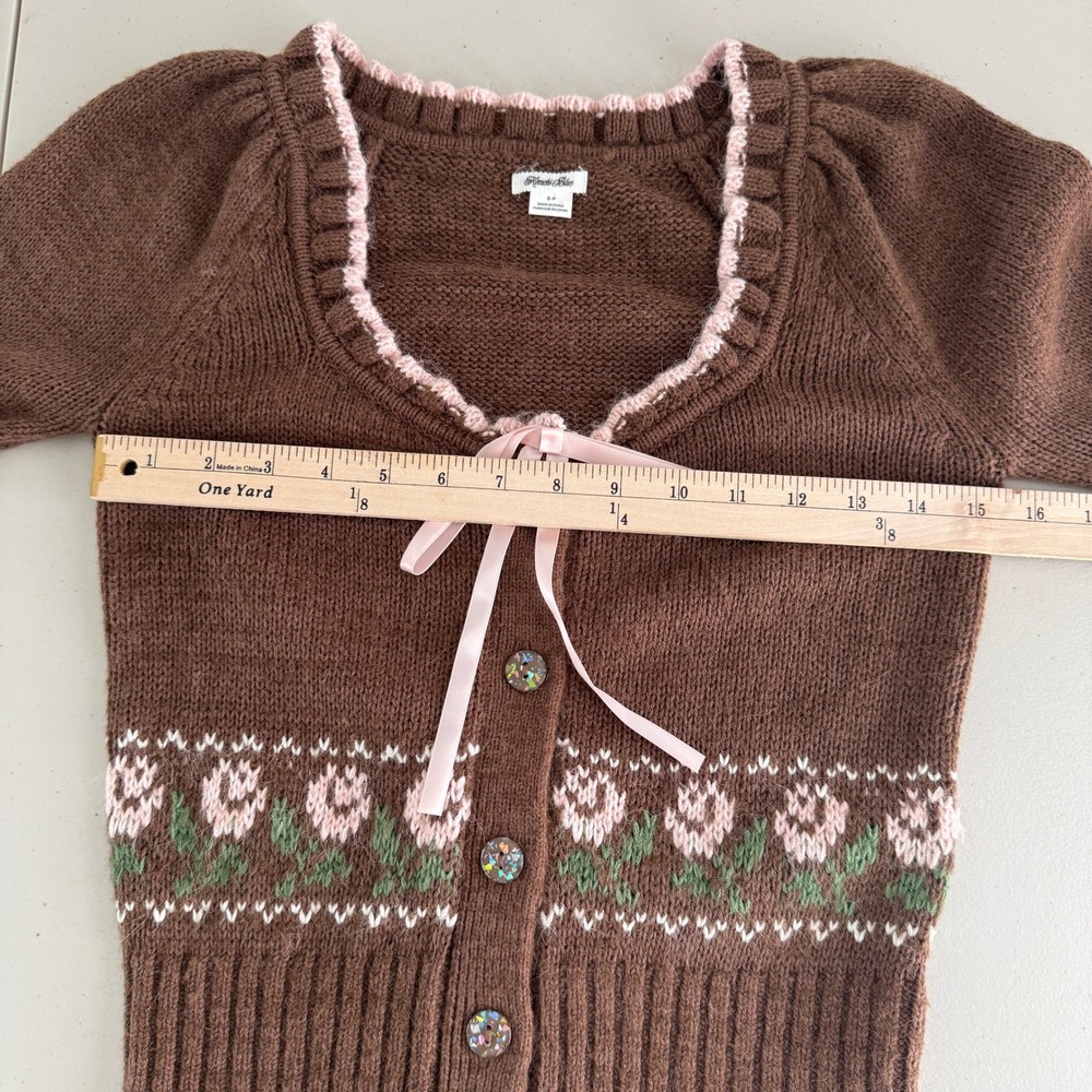 Kimchi Blue Floral Bow Cardigan S Brown Cotton Bld Coquette Balletcore Sweater - Picture 11 of 14